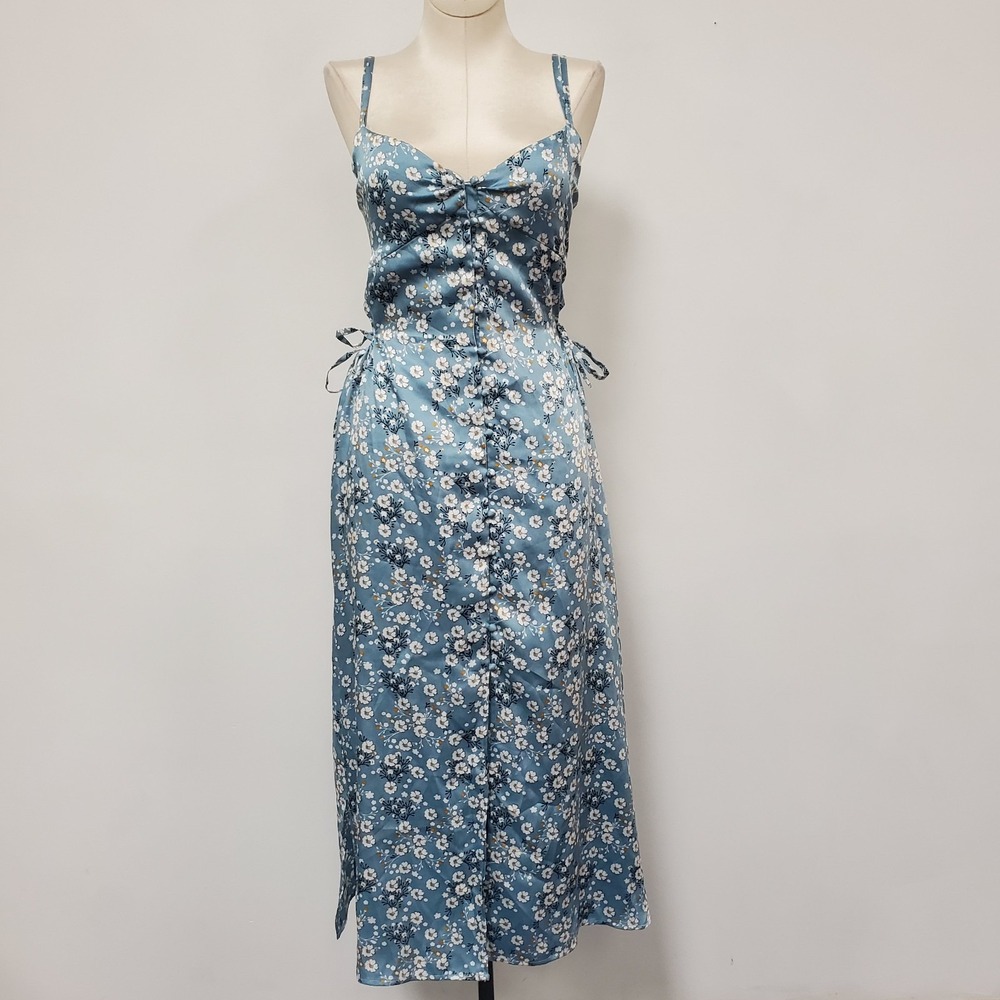 Petite Studio New York Satin Midi Dress Size S Blue Floral Slip Babydoll Ruched
